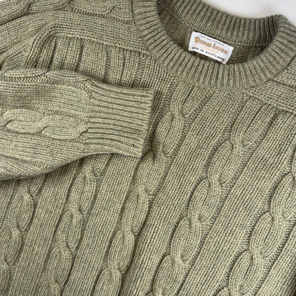 William Lockie Sweater Mens XL Sage Green 100% Cashmere Cable Knit Scotland